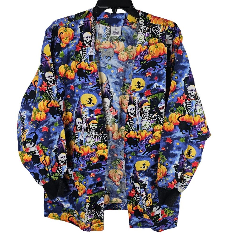 Unisex S Scrubs Halloween Fun Graphic Print Skeleton Pumpkin Cat Funky Btn Front